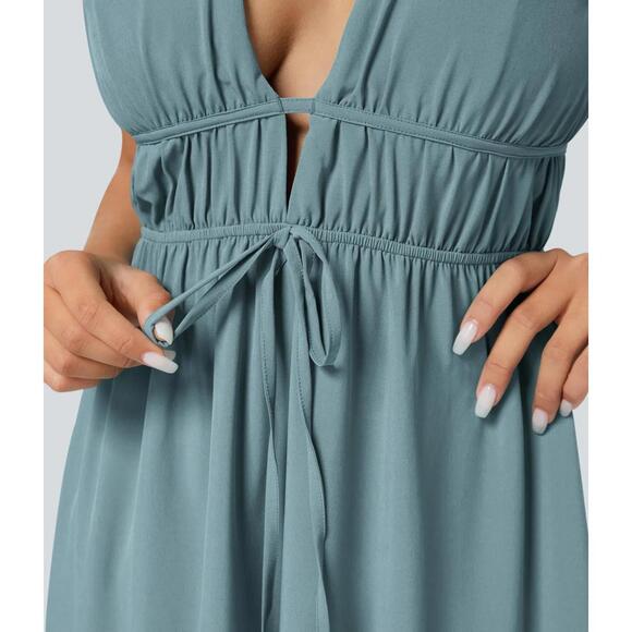 NWT Halara Midi dress drawstring ruffles Stone Blue XL - Picture 9 of 12